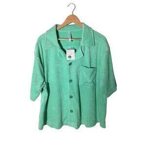 Fabletics Top Women's Size 1X Green Island Terry Cloth Button Up